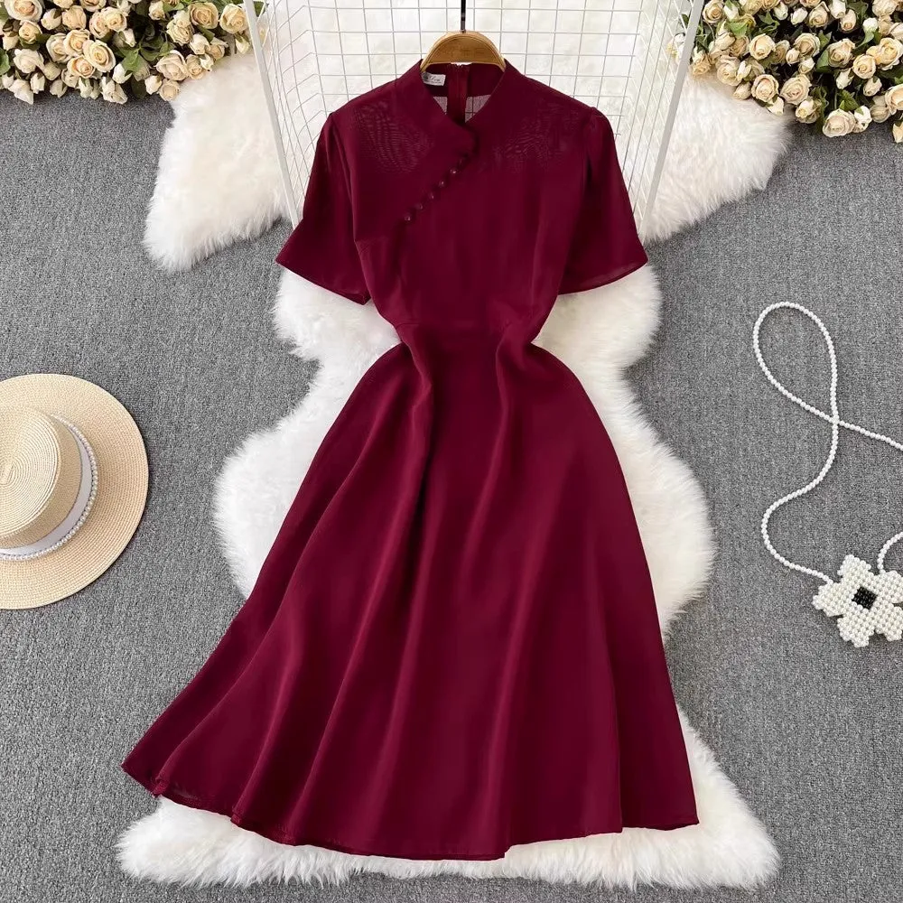 short-sleeved A-line dress elegant long skirt       S5043