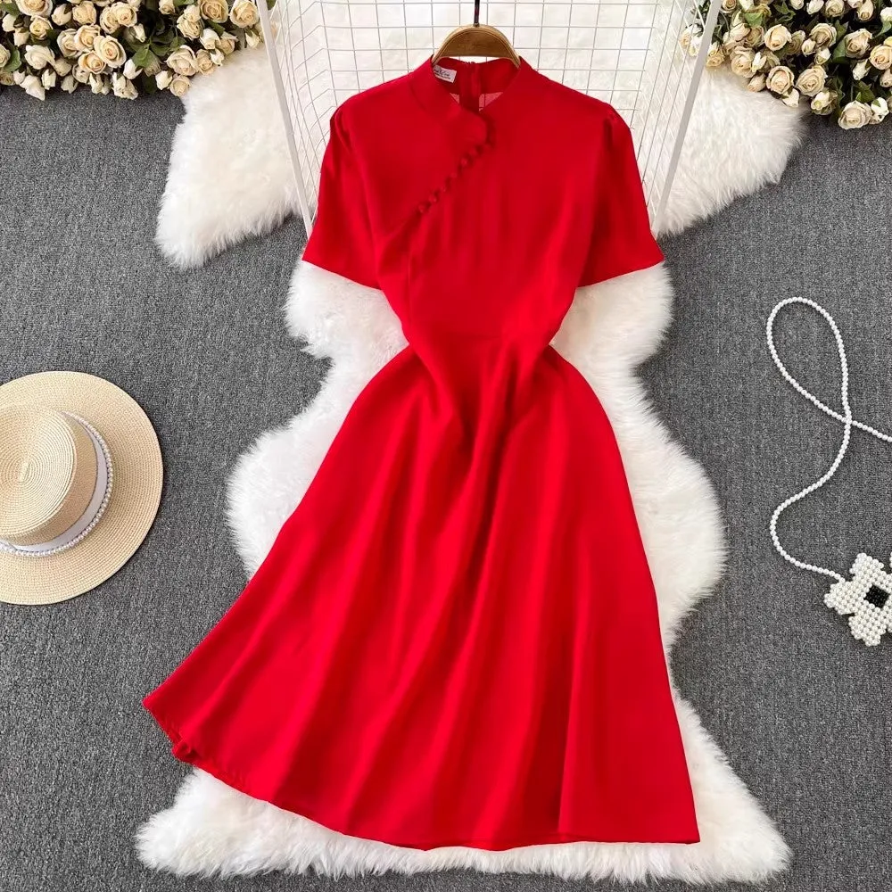 short-sleeved A-line dress elegant long skirt       S5043