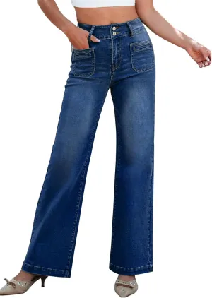 Sidefeel Women's Wide Leg Jeans High Waisted Tummy Control Stretchy Pockets Front Straight Leg Jeans