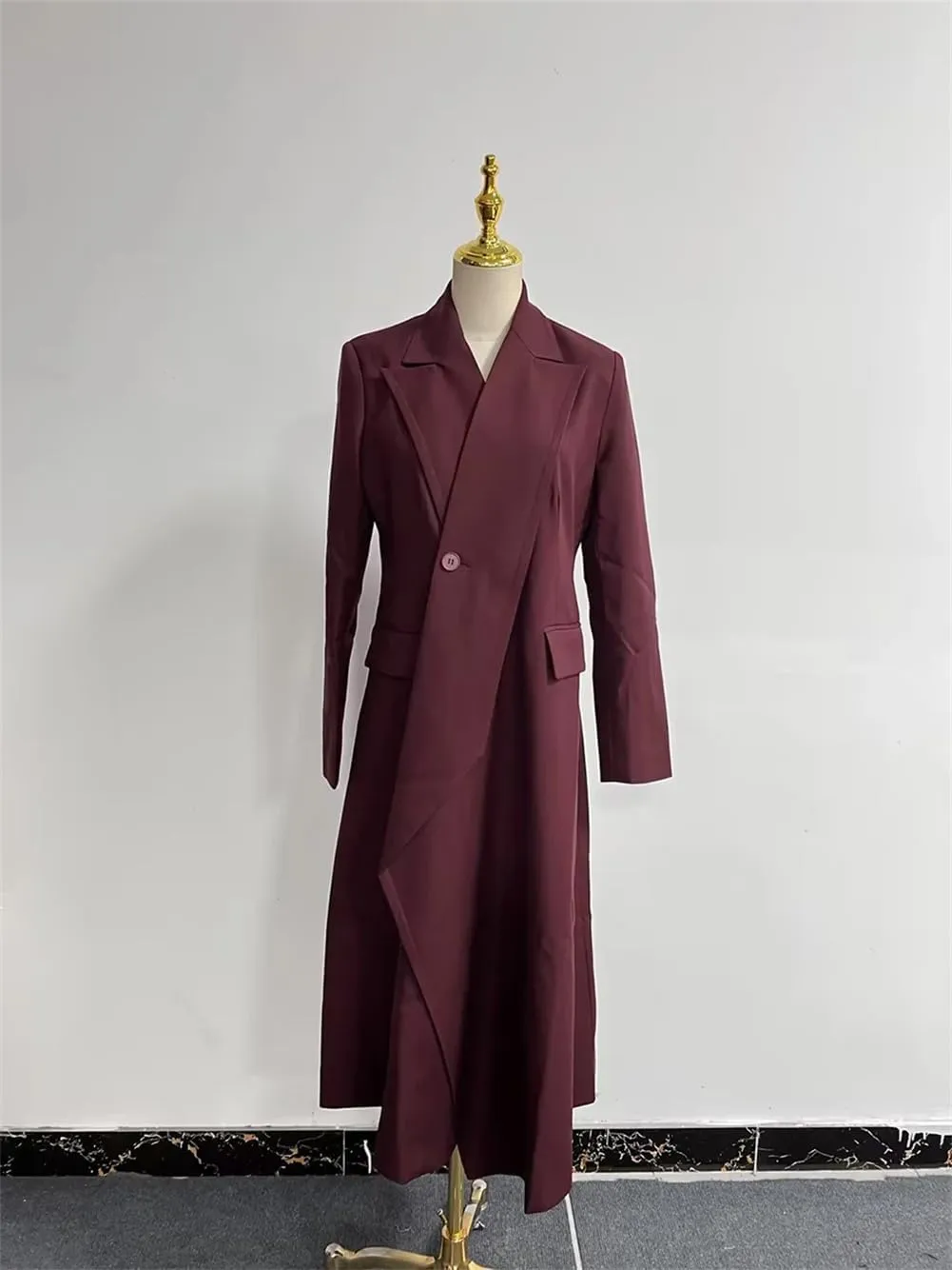 Solid Spliced Button Irregular Slimming Long TrenchCoat For Women Lapel Long Sleeve Suit Jacket