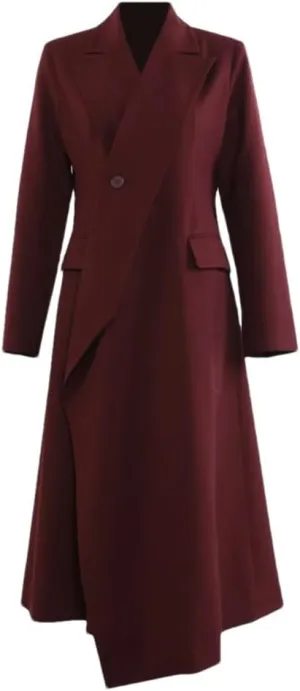 Solid Spliced Button Irregular Slimming Long TrenchCoat For Women Lapel Long Sleeve Suit Jacket