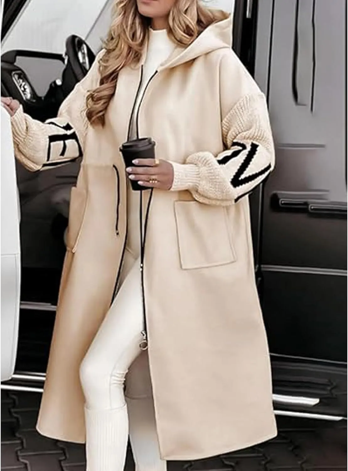 SOMTHRON Women's Hooded Trench Coat Knitted Long Sleeve Zip Up Oversized Jacket Casual Drawstring Waist Overcoat