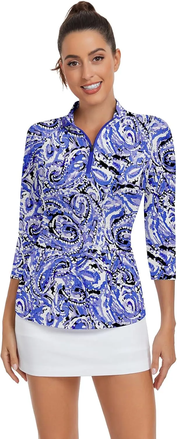 Soneven Womens 3/4 Sleeve Shirt UPF 50  Moisture Wicking Golf Polo Shirt for Casual Work