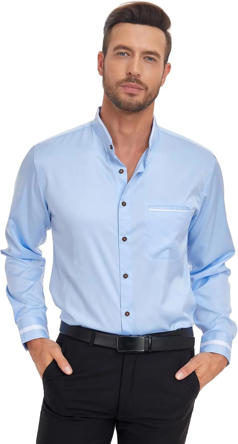 SWISSWELL Mandarin Collar Dress Shirt for Men Clergy Shirt Collarless Button Down Business Casual Shirts