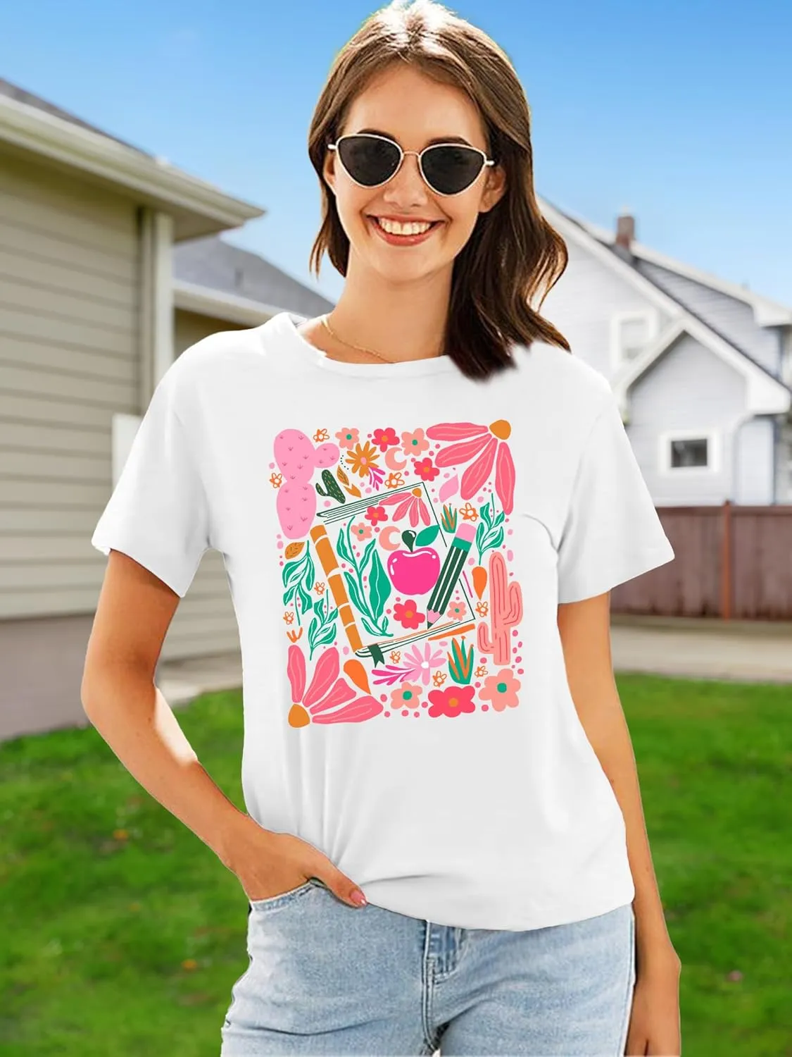 Teacher Shirts Women: Retro Floral Teach Shirt Teacher Life T-Shirt Casual Inspirational Tops