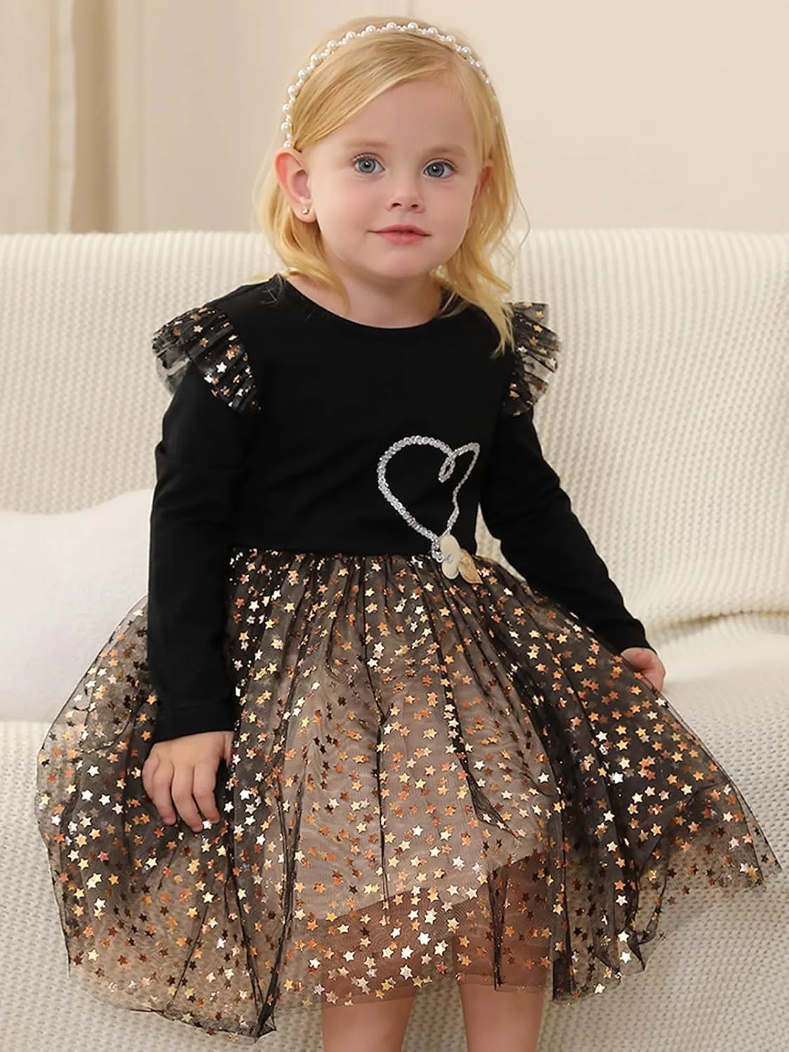 Toddler Girl Tulle Tutu Dresses Color-Changing Sequins Winter Long Sleeve Party Holiday Dress for Little Girls