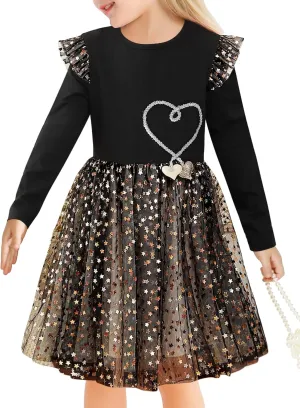 Toddler Girl Tulle Tutu Dresses Color-Changing Sequins Winter Long Sleeve Party Holiday Dress for Little Girls