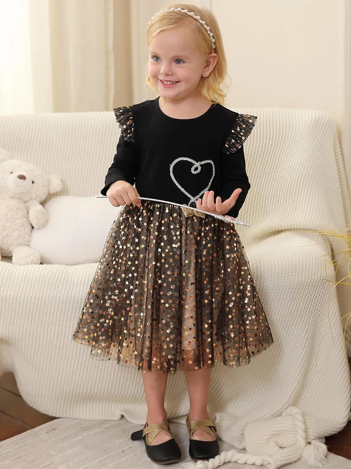 Toddler Girl Tulle Tutu Dresses Color-Changing Sequins Winter Long Sleeve Party Holiday Dress for Little Girls