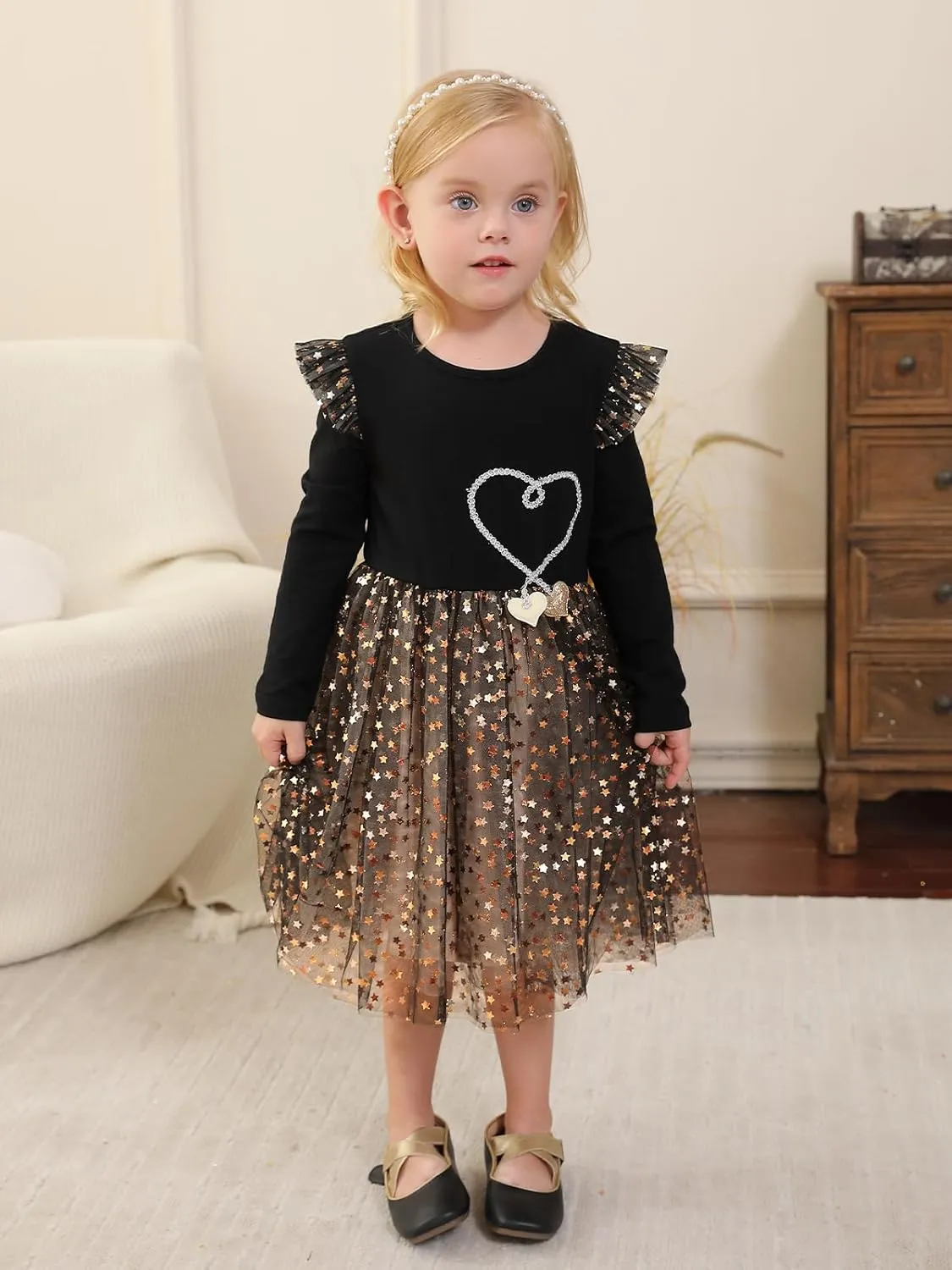 Toddler Girl Tulle Tutu Dresses Color-Changing Sequins Winter Long Sleeve Party Holiday Dress for Little Girls