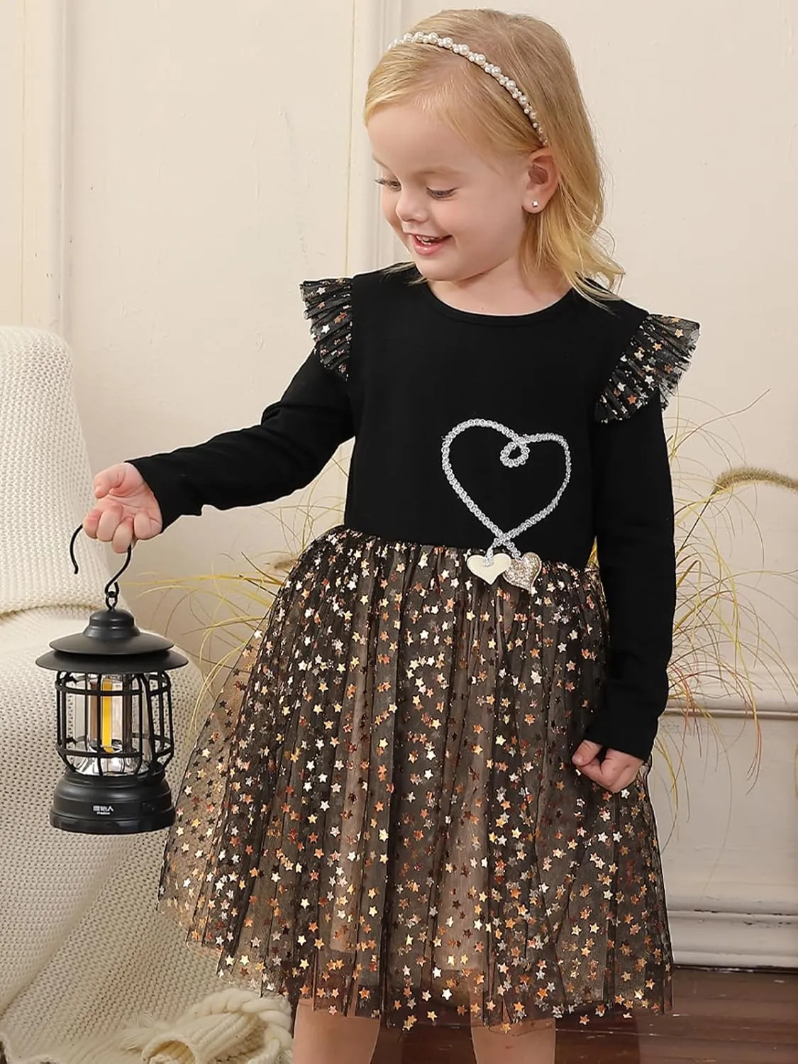 Toddler Girl Tulle Tutu Dresses Color-Changing Sequins Winter Long Sleeve Party Holiday Dress for Little Girls