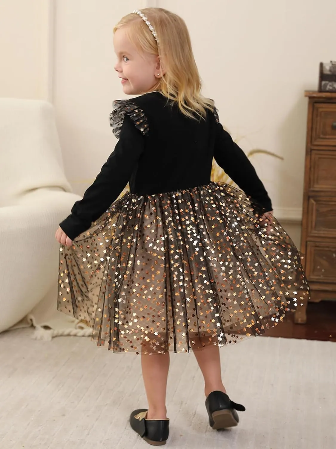 Toddler Girl Tulle Tutu Dresses Color-Changing Sequins Winter Long Sleeve Party Holiday Dress for Little Girls