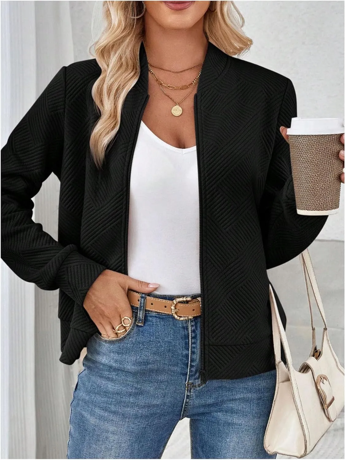 Verdusa Women's Zip Up Textured Bomber Jacket Casual Long Sleeve Outerwear