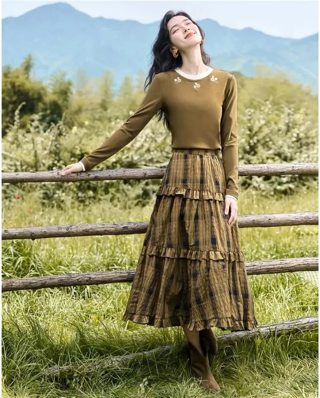 Versatile a-line Design Vintage Plaid Long Skirt