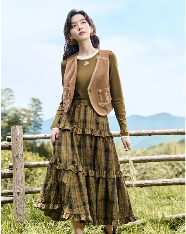 Versatile a-line Design Vintage Plaid Long Skirt