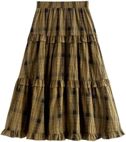 Versatile a-line Design Vintage Plaid Long Skirt
