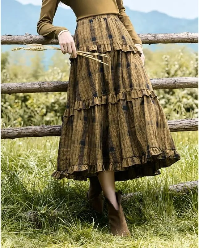 Versatile a-line Design Vintage Plaid Long Skirt