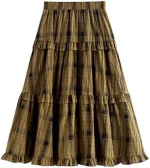 Versatile a-line Design Vintage Plaid Long Skirt