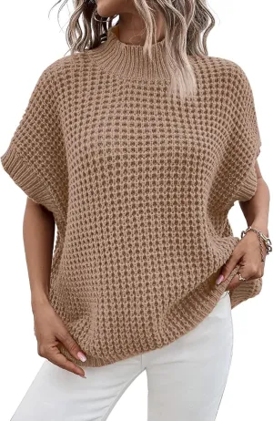 Viottiset Womens Oversized Short Batwing Sleeve Mock Neck Sweater Vest Fall Sleeveless Pullover Knit Sweaters