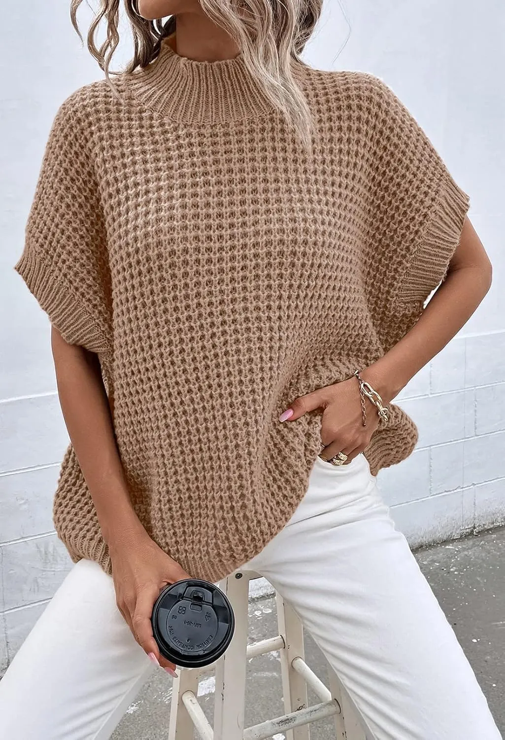 Viottiset Womens Oversized Short Batwing Sleeve Mock Neck Sweater Vest Fall Sleeveless Pullover Knit Sweaters
