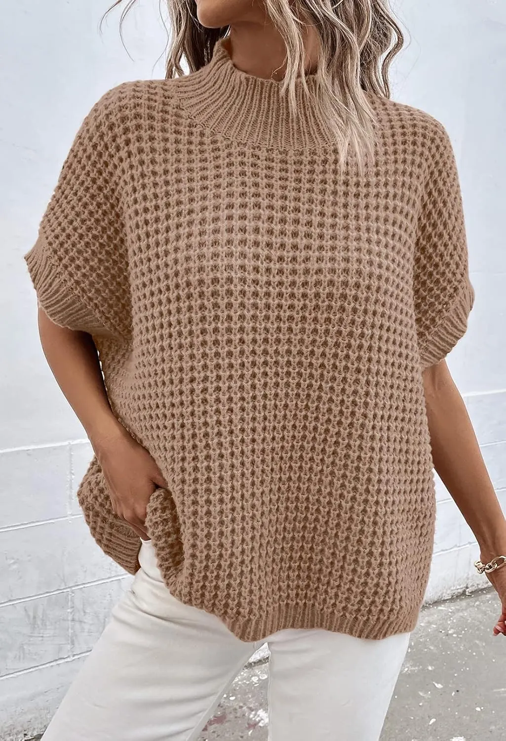 Viottiset Womens Oversized Short Batwing Sleeve Mock Neck Sweater Vest Fall Sleeveless Pullover Knit Sweaters