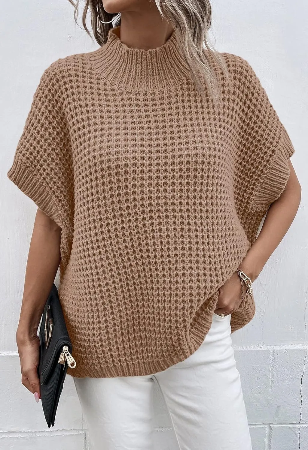 Viottiset Womens Oversized Short Batwing Sleeve Mock Neck Sweater Vest Fall Sleeveless Pullover Knit Sweaters