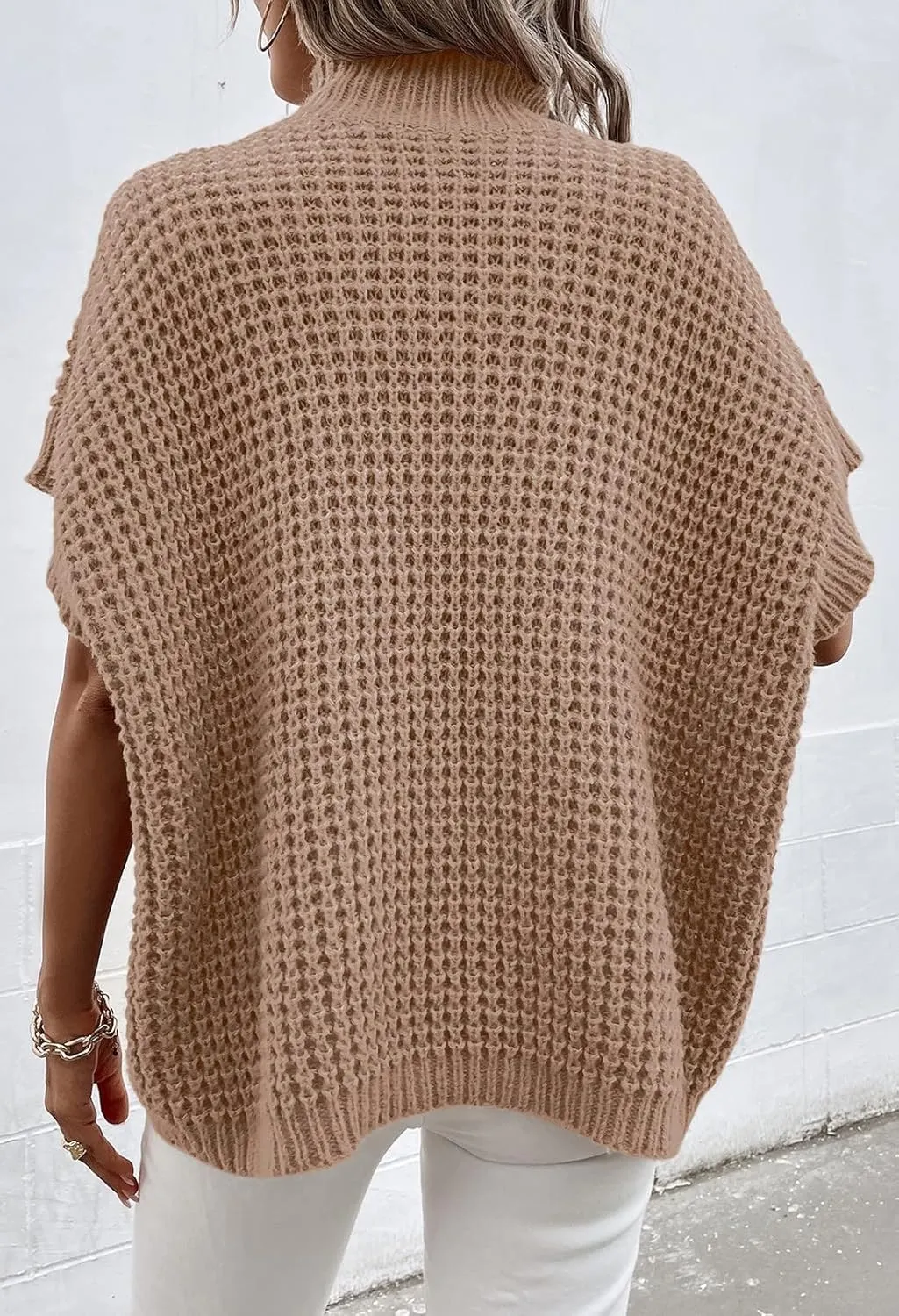 Viottiset Womens Oversized Short Batwing Sleeve Mock Neck Sweater Vest Fall Sleeveless Pullover Knit Sweaters