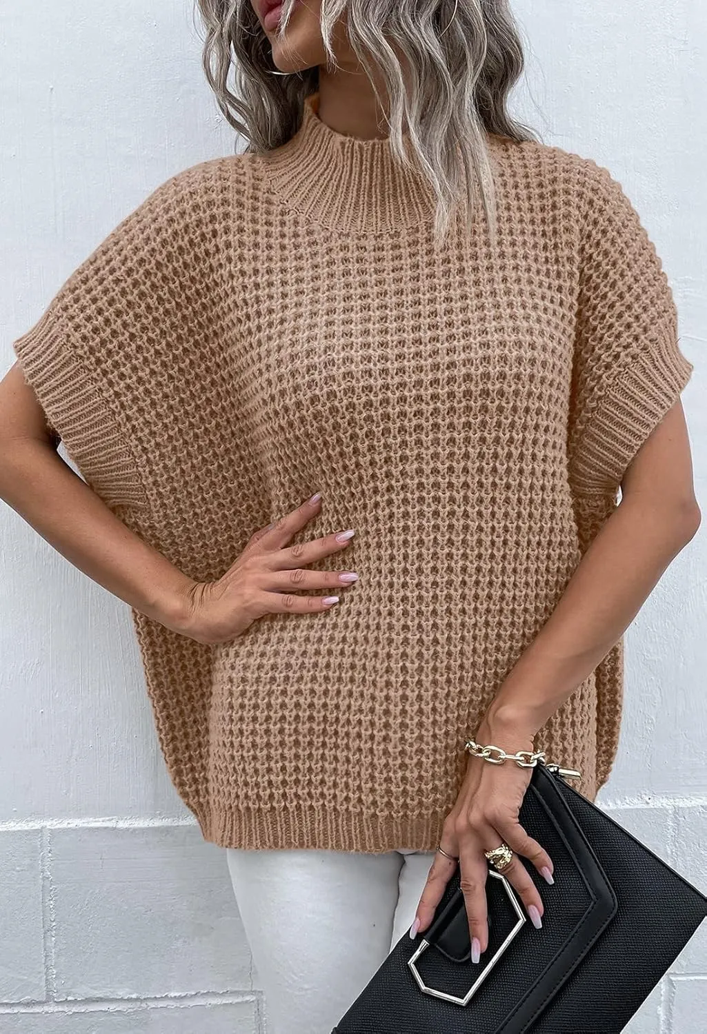 Viottiset Womens Oversized Short Batwing Sleeve Mock Neck Sweater Vest Fall Sleeveless Pullover Knit Sweaters