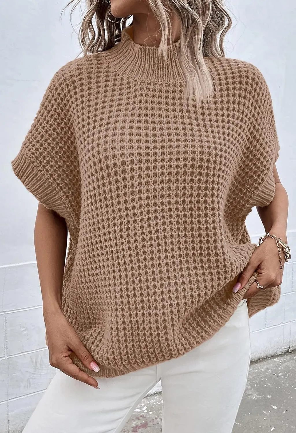 Viottiset Womens Oversized Short Batwing Sleeve Mock Neck Sweater Vest Fall Sleeveless Pullover Knit Sweaters