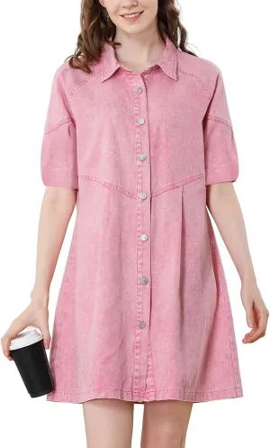 Women's Denim Shirt Dress 3/4 Long Sleeve Button Down Babydoll Jean Shirt Dresses