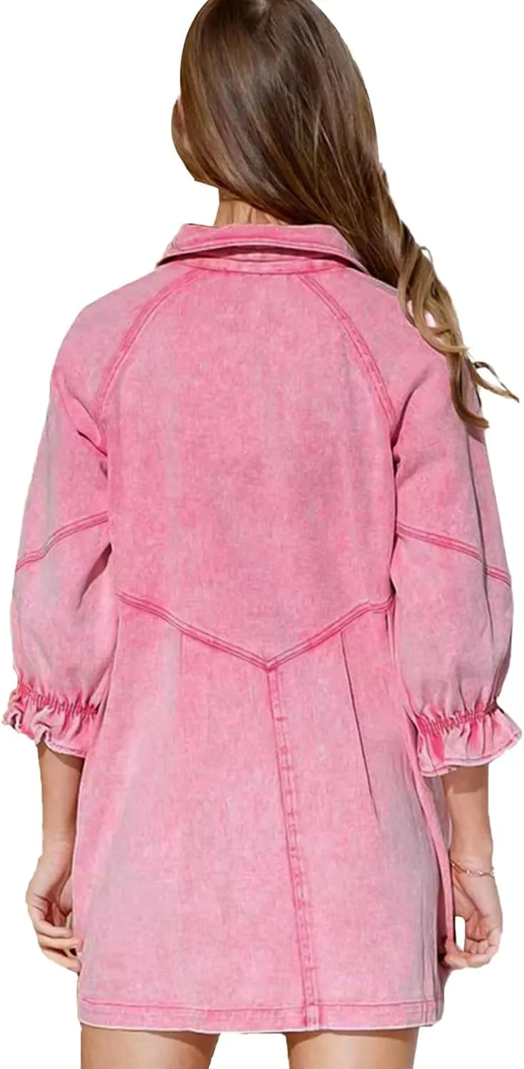 Women's Denim Shirt Dress 3/4 Long Sleeve Button Down Babydoll Jean Shirt Dresses