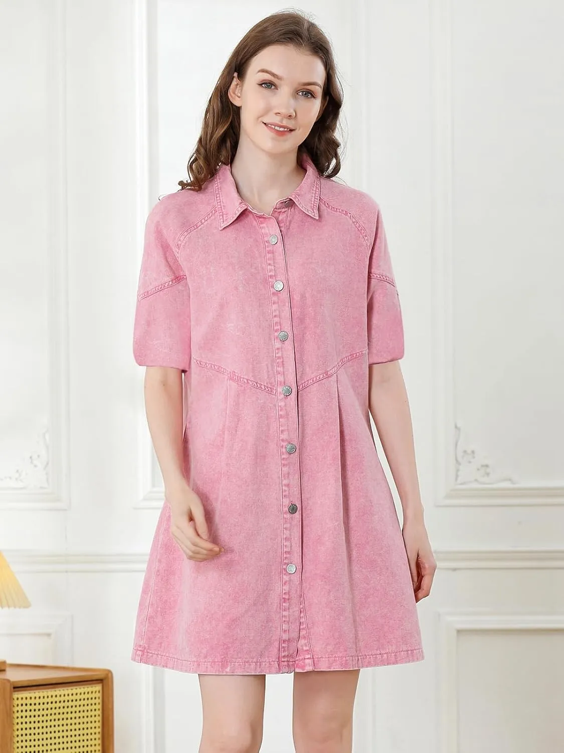 Women's Denim Shirt Dress 3/4 Long Sleeve Button Down Babydoll Jean Shirt Dresses