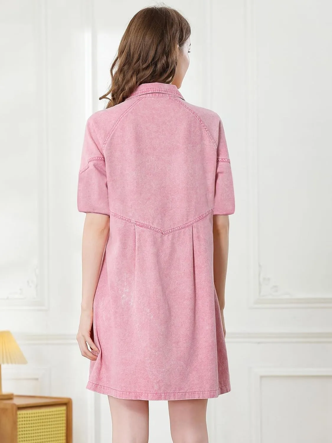 Women's Denim Shirt Dress 3/4 Long Sleeve Button Down Babydoll Jean Shirt Dresses