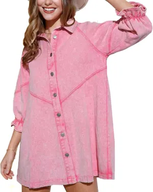 Women's Denim Shirt Dress 3/4 Long Sleeve Button Down Babydoll Jean Shirt Dresses