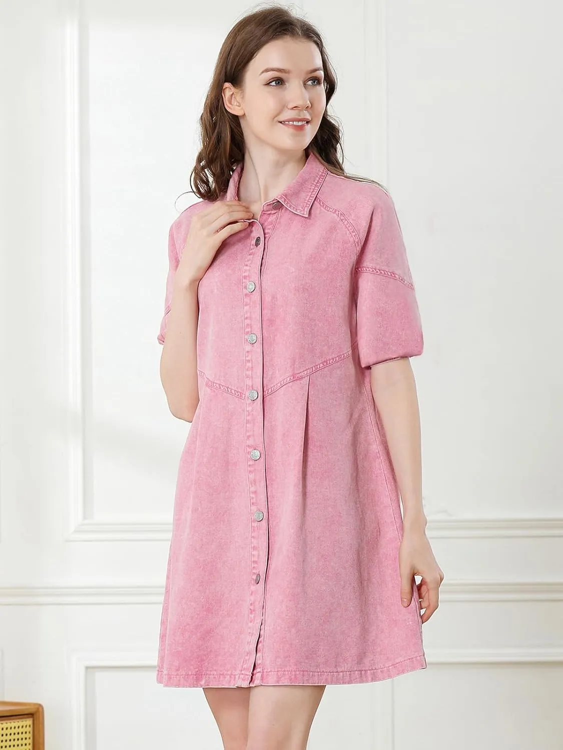 Women's Denim Shirt Dress 3/4 Long Sleeve Button Down Babydoll Jean Shirt Dresses
