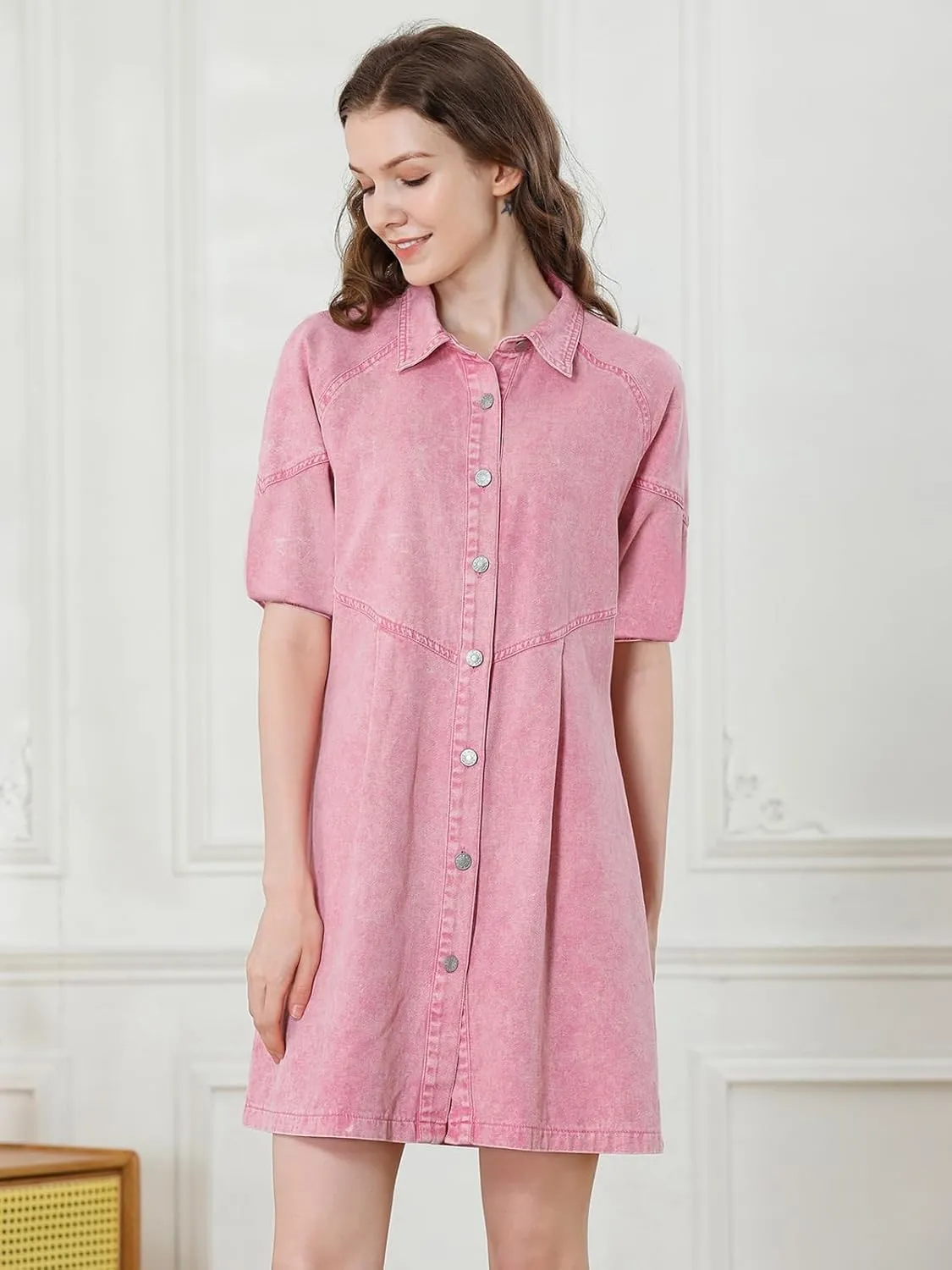 Women's Denim Shirt Dress 3/4 Long Sleeve Button Down Babydoll Jean Shirt Dresses