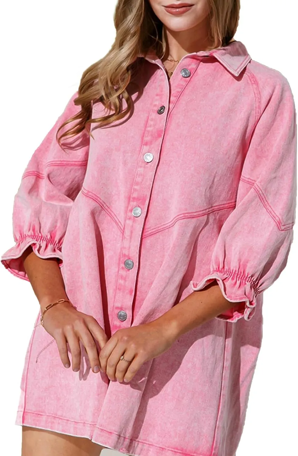 Women's Denim Shirt Dress 3/4 Long Sleeve Button Down Babydoll Jean Shirt Dresses