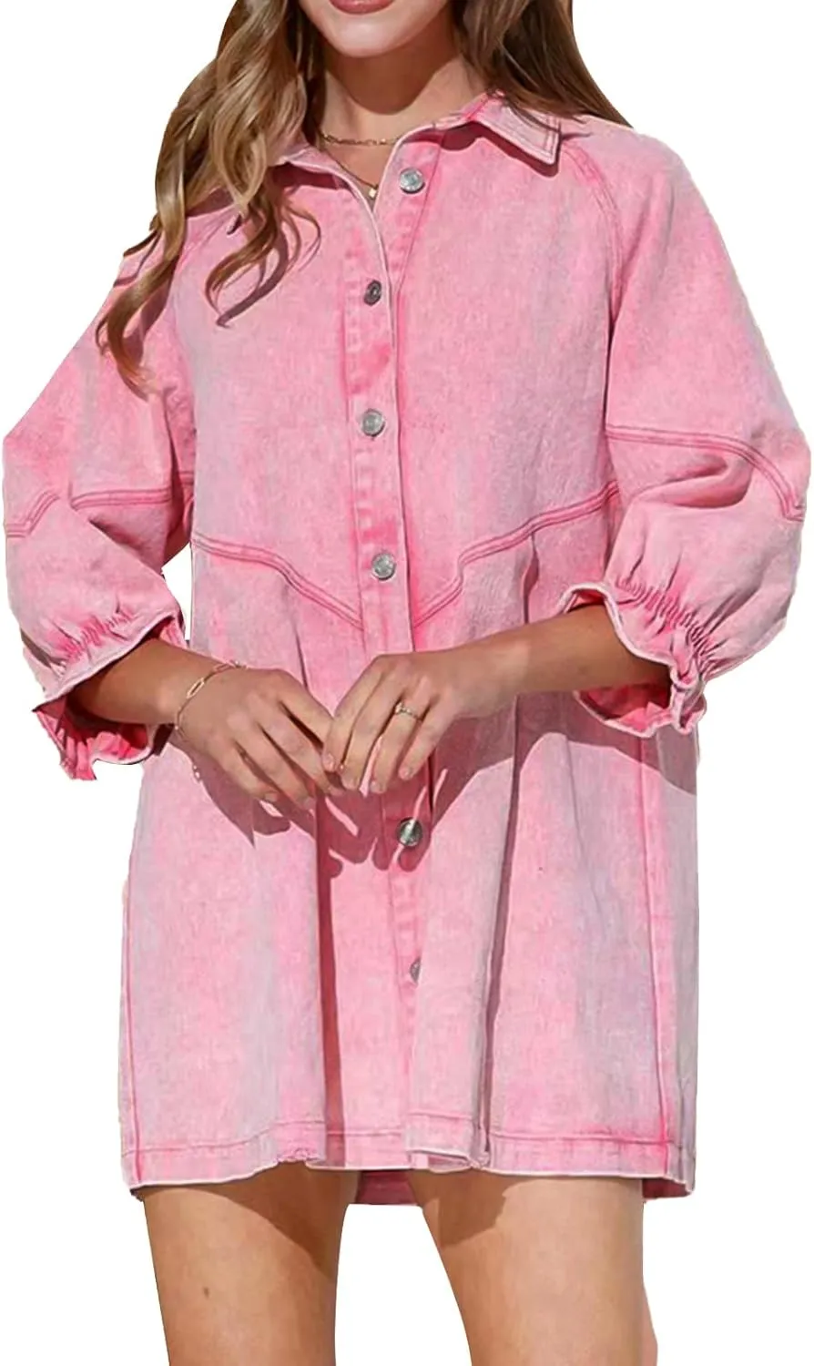 Women's Denim Shirt Dress 3/4 Long Sleeve Button Down Babydoll Jean Shirt Dresses