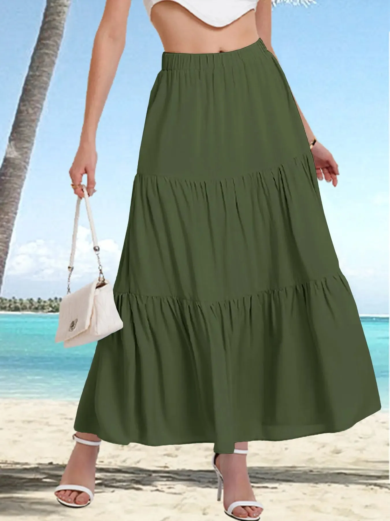 Women's Elastic High Waist Long Skirt Drawstring A- Line