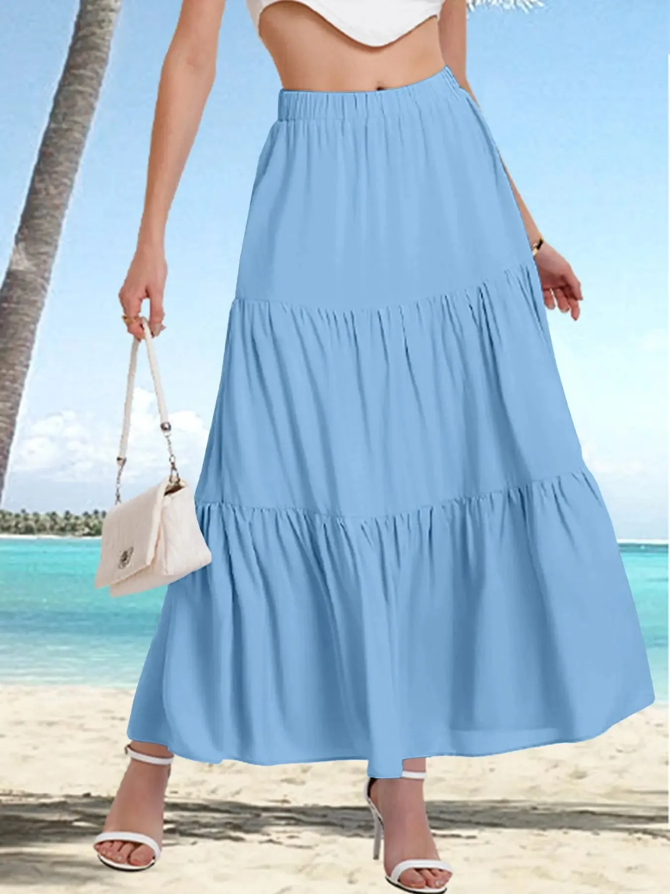 Women's Elastic High Waist Long Skirt Drawstring A- Line