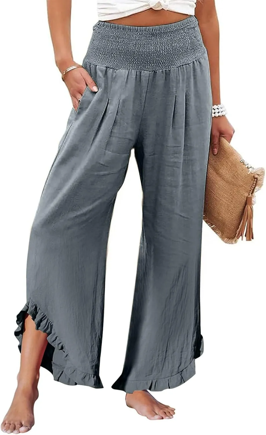 Women's Fashion Pants,Summer Wide Leg Casual Elastic High Waist Irregular Palazzo Pants with Pockets
