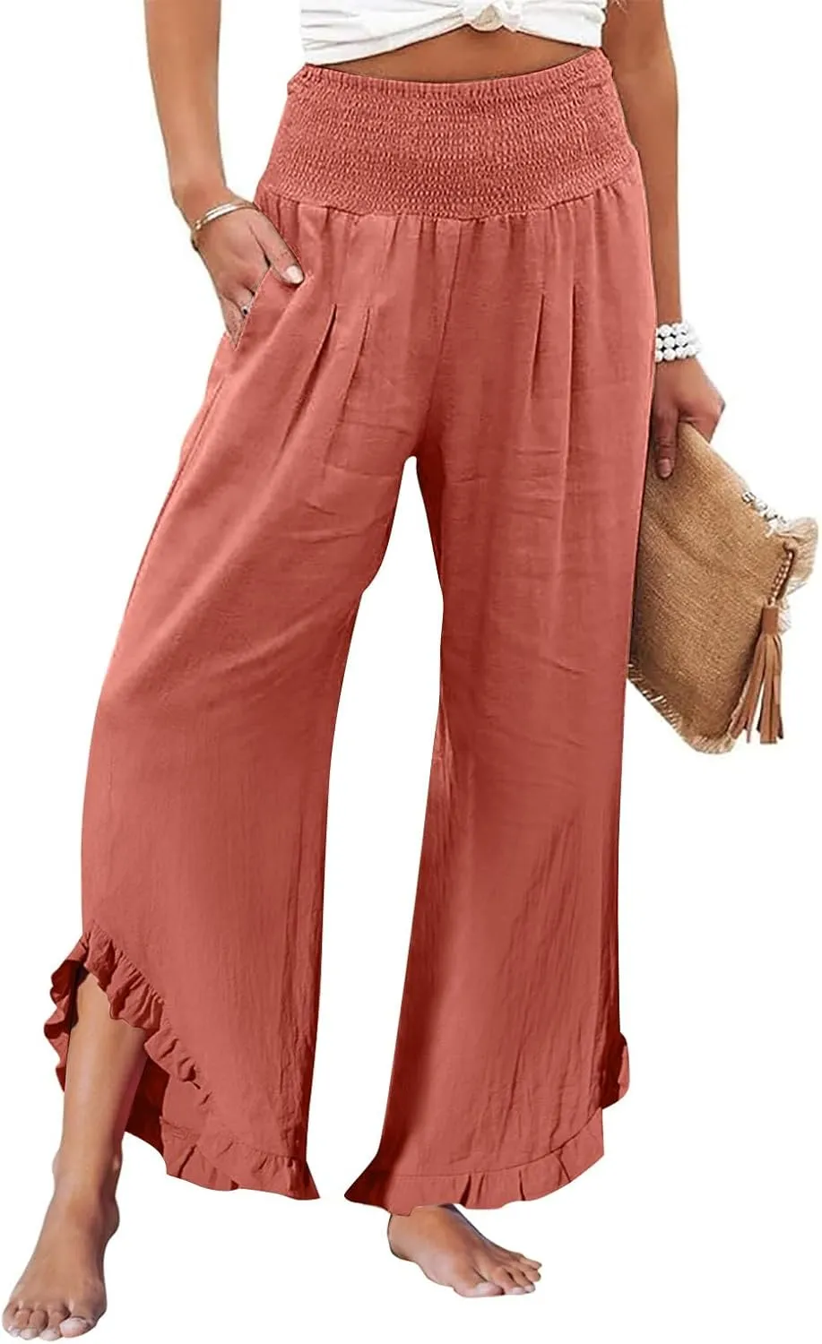 Women's Fashion Pants,Summer Wide Leg Casual Elastic High Waist Irregular Palazzo Pants with Pockets