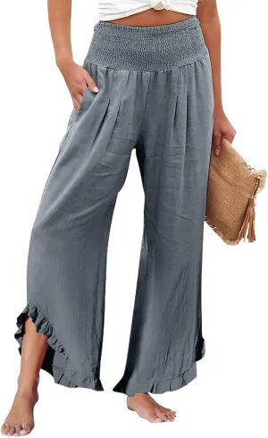 Women's Fashion Pants,Summer Wide Leg Casual Elastic High Waist Irregular Palazzo Pants with Pockets