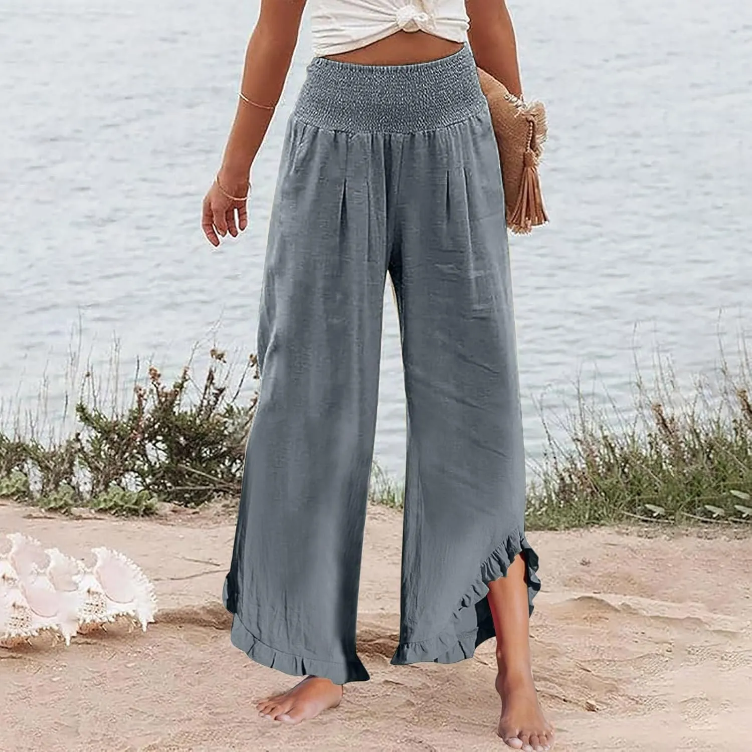 Women's Fashion Pants,Summer Wide Leg Casual Elastic High Waist Irregular Palazzo Pants with Pockets