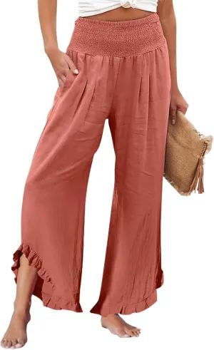 Women's Fashion Pants,Summer Wide Leg Casual Elastic High Waist Irregular Palazzo Pants with Pockets