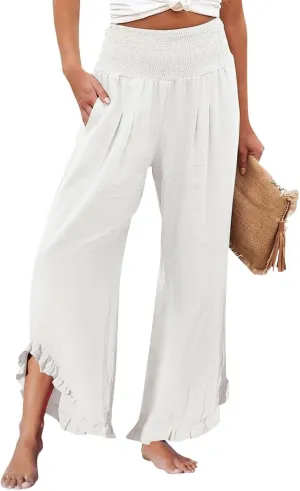 Women's Fashion Pants,Summer Wide Leg Casual Elastic High Waist Irregular Palazzo Pants with Pockets