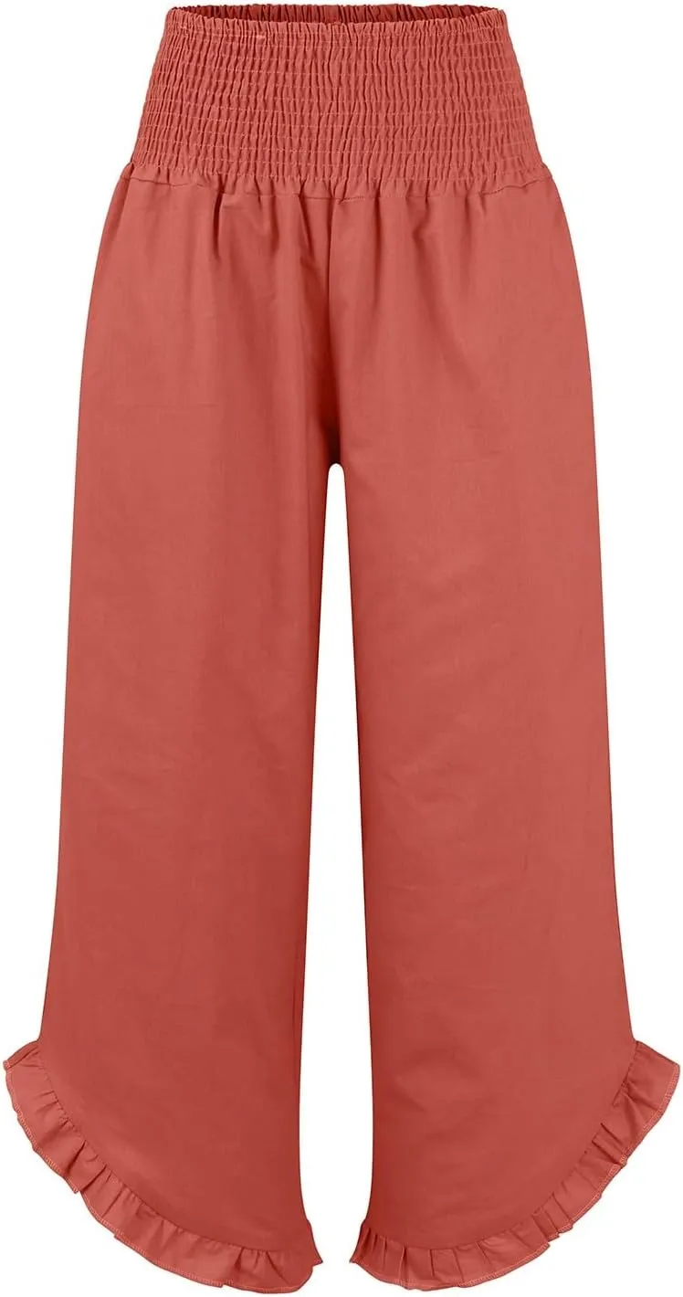 Women's Fashion Pants,Summer Wide Leg Casual Elastic High Waist Irregular Palazzo Pants with Pockets