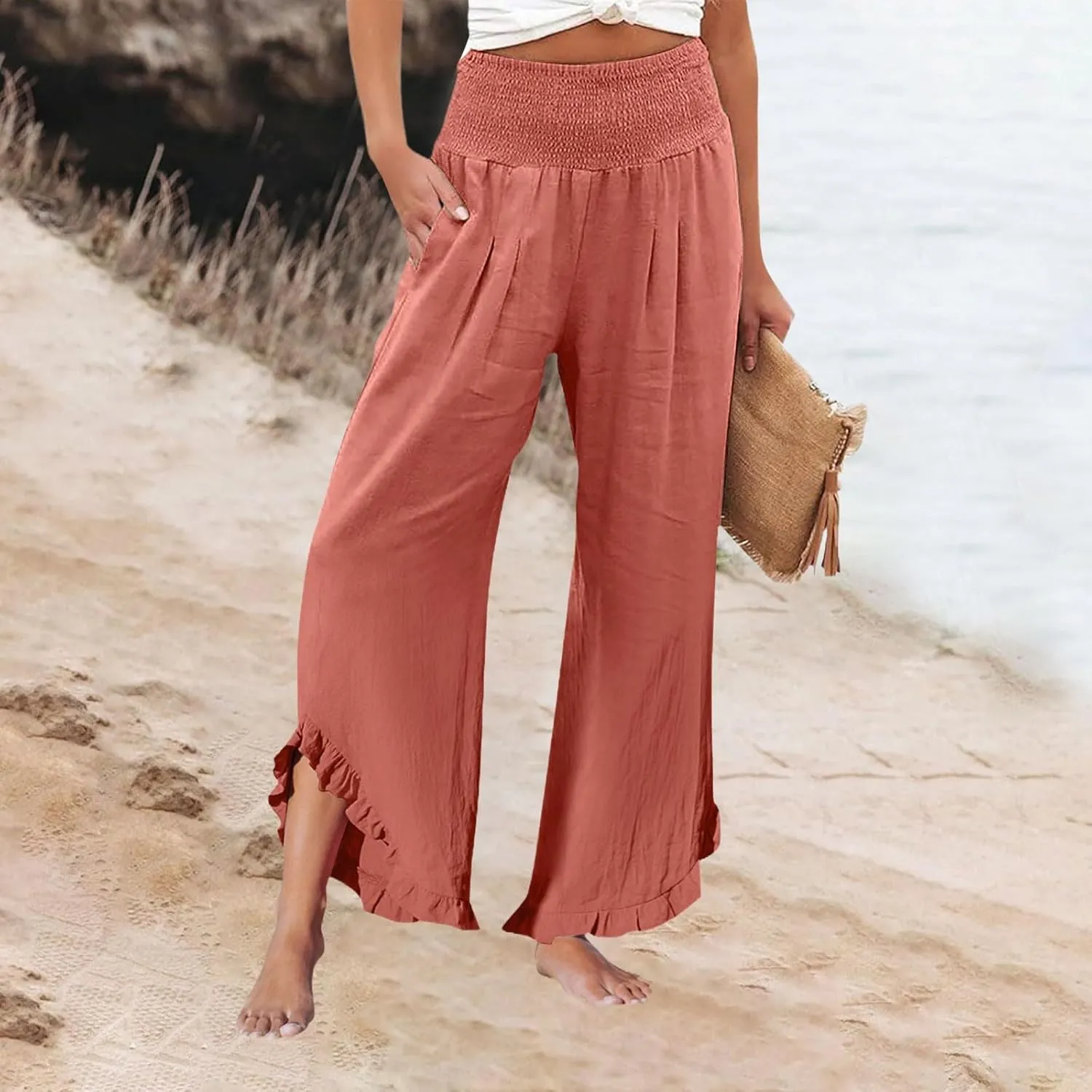 Women's Fashion Pants,Summer Wide Leg Casual Elastic High Waist Irregular Palazzo Pants with Pockets
