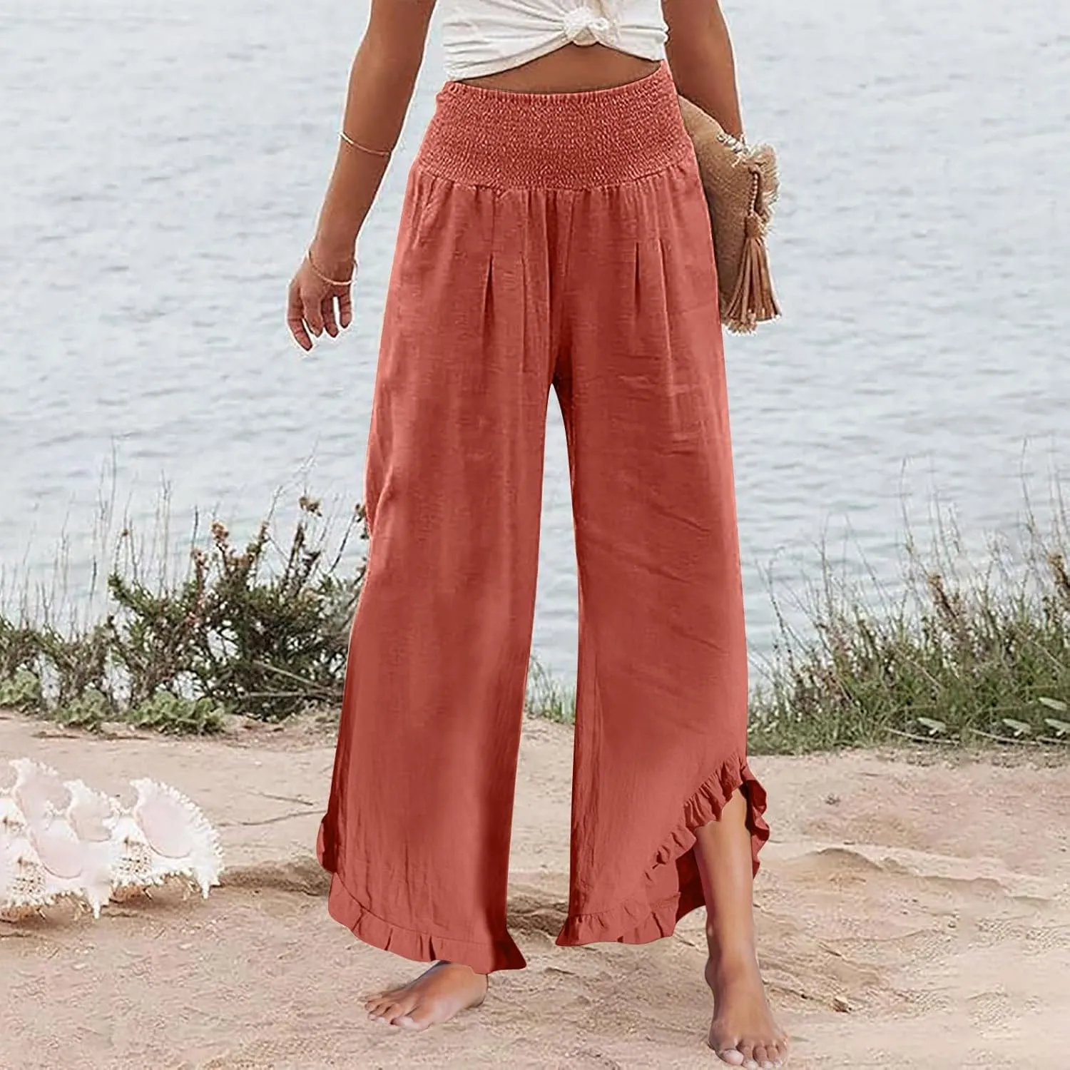 Women's Fashion Pants,Summer Wide Leg Casual Elastic High Waist Irregular Palazzo Pants with Pockets