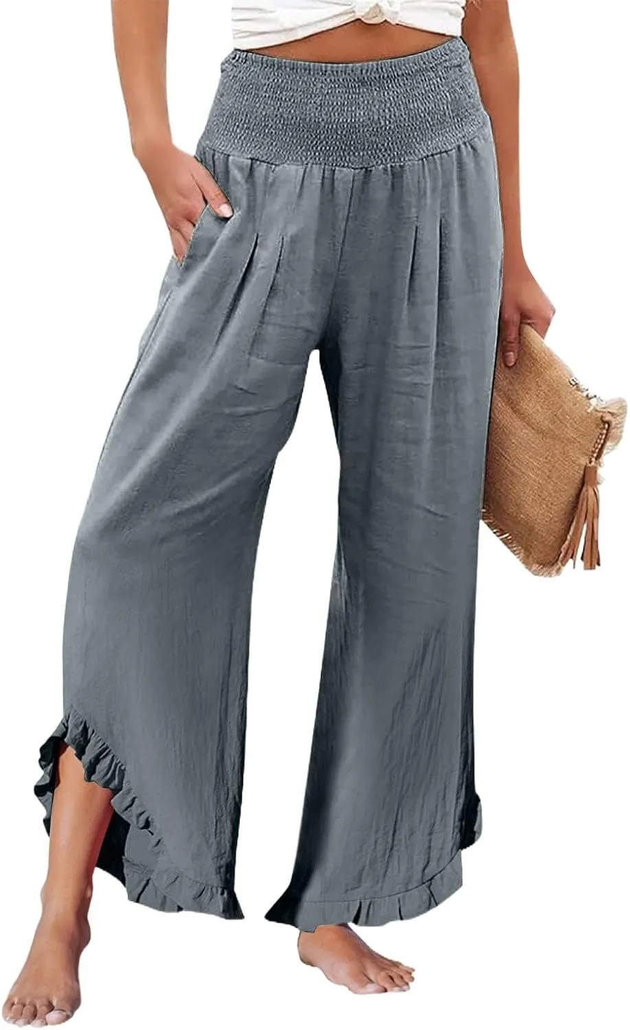 Women's Fashion Pants,Summer Wide Leg Casual Elastic High Waist Irregular Palazzo Pants with Pockets