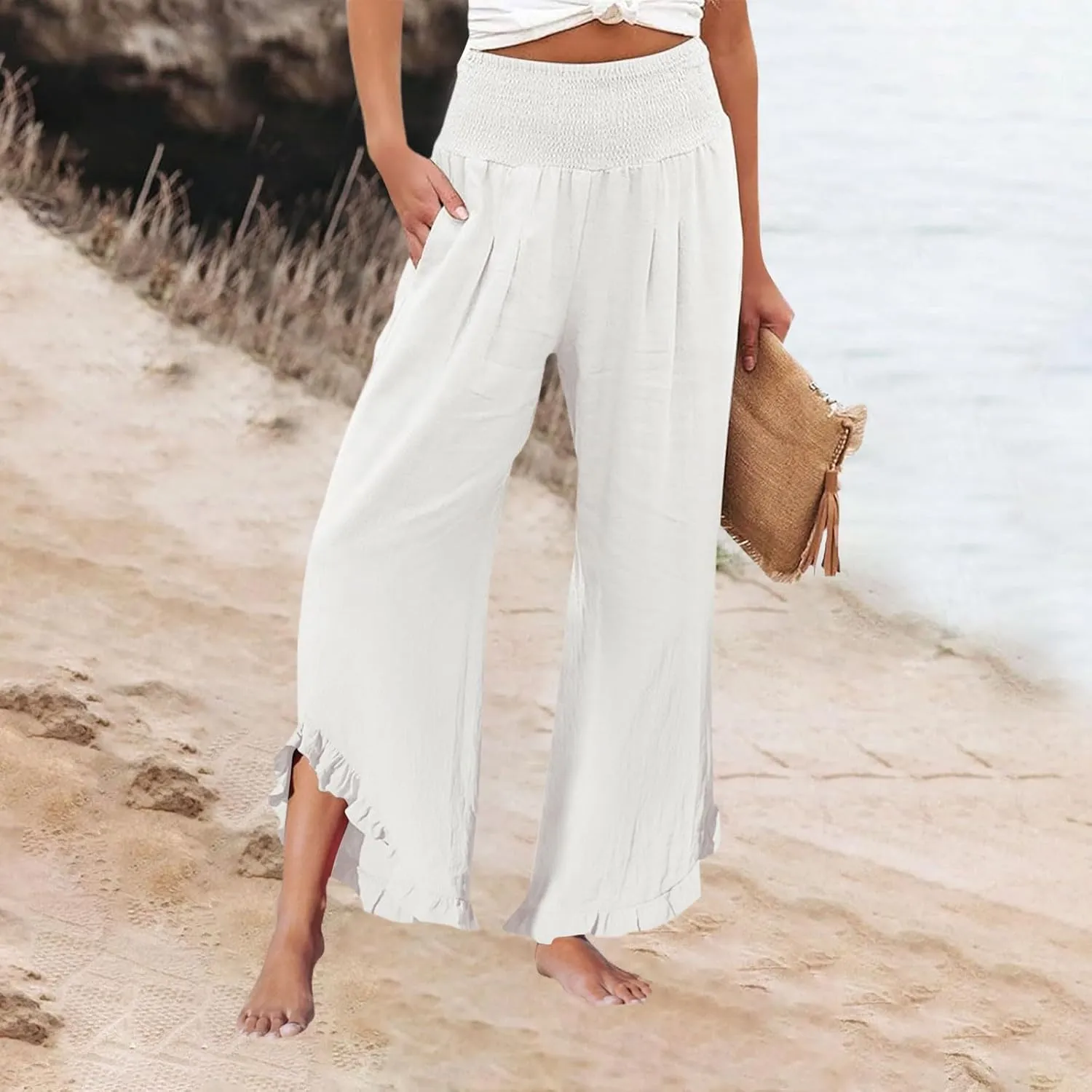 Women's Fashion Pants,Summer Wide Leg Casual Elastic High Waist Irregular Palazzo Pants with Pockets